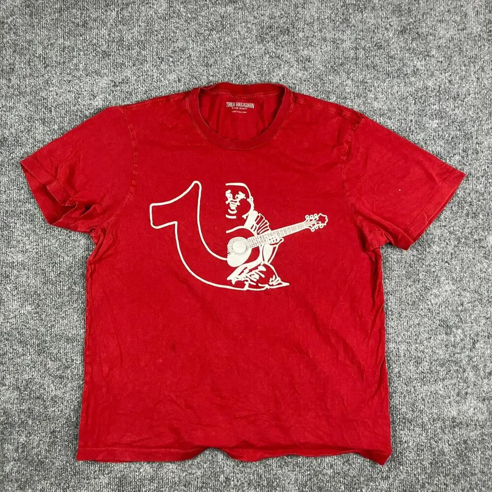 True‎ Religion T-Shirt Mens Size XL Red Buddha Guitar Logo Graphic Tee Casual